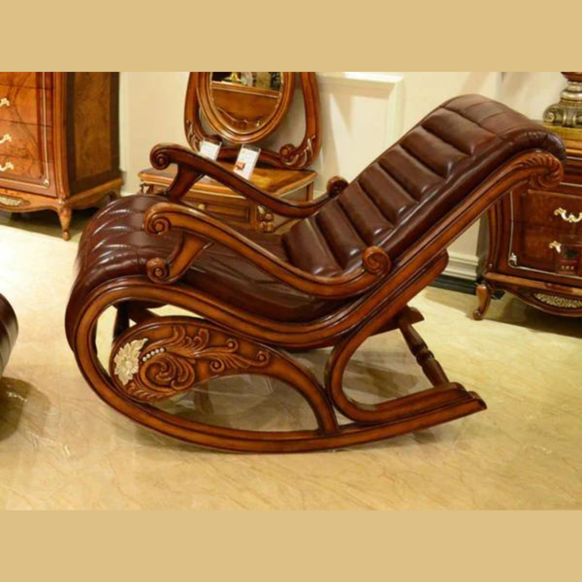Natural Art & Crafts Mzzy Hand Carved Teak Wood Recliner Rocking Chair with PU Leather – Vintage Style Ergonomic Recliner for Living Room or Lounge