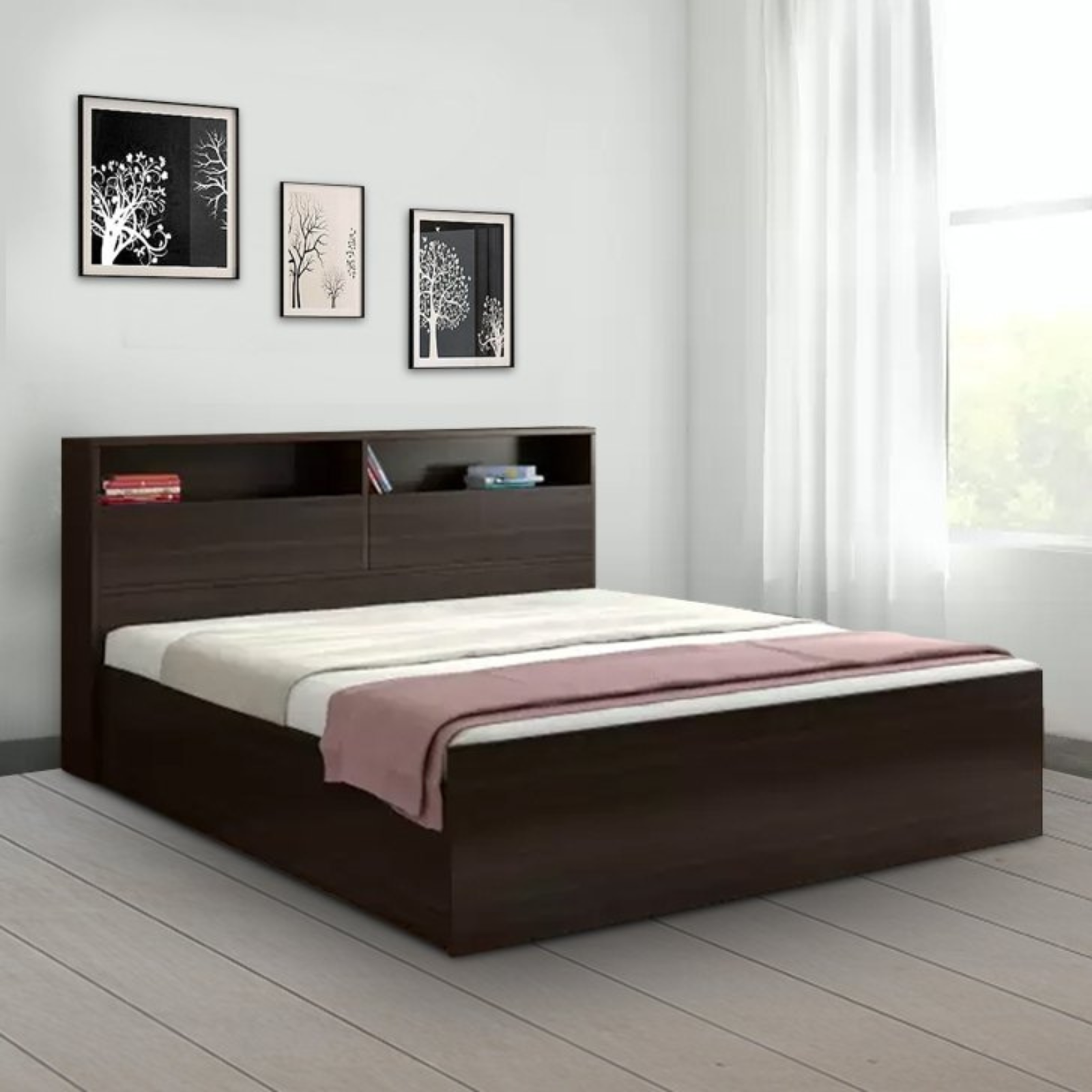 Oak Handmade Teak Wood King Size Plain Bed Luxurious Walnut Finish for Elegant Bedroom Decor