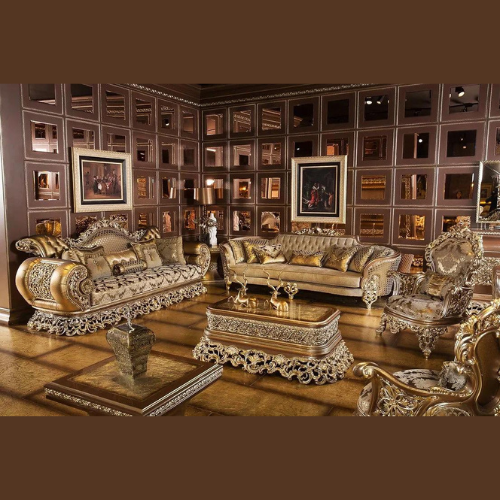 Luxury Antique Hand Carved Teak Wood Sofa Set 3+3+1+1 with Coffee Table Elegant & Durable Traditional Style Living Room