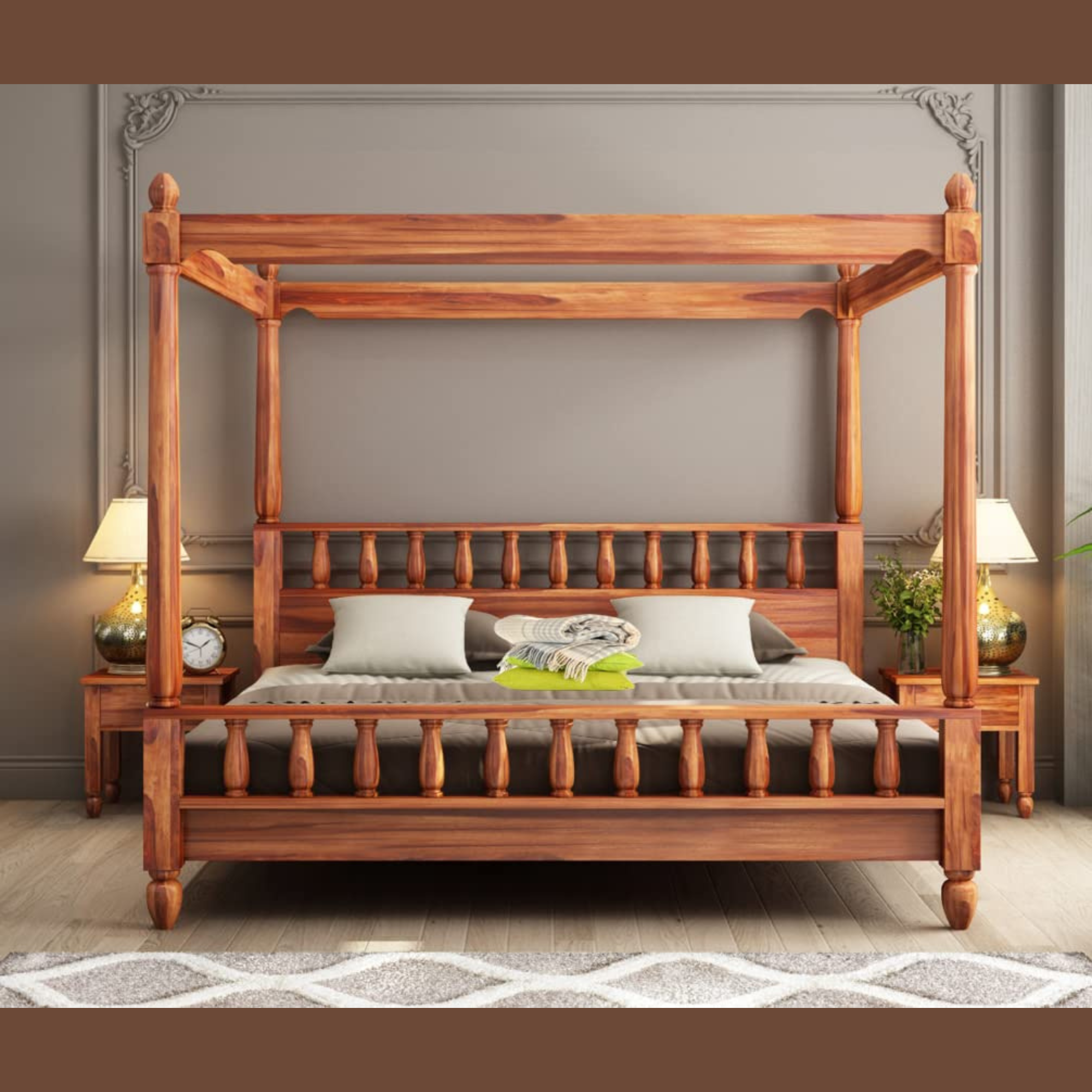 Bossy Royal Handmade Teak Wood Poster Bed with Matching 2 Bedside Table ( Honey Finish )