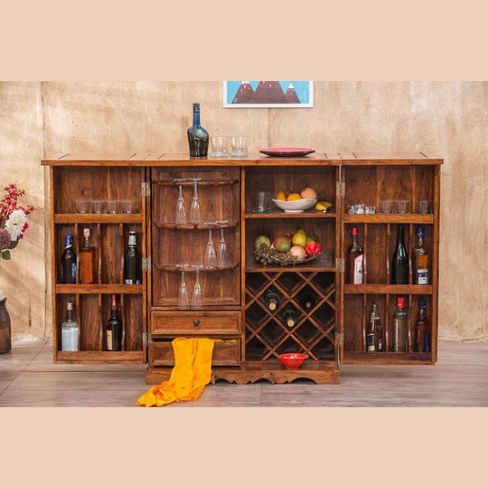 Majestic Brass Storing Handmade Teak Wood Bar Cabinet Stylish Look for Wine, Liquor, Glasses - Image 3