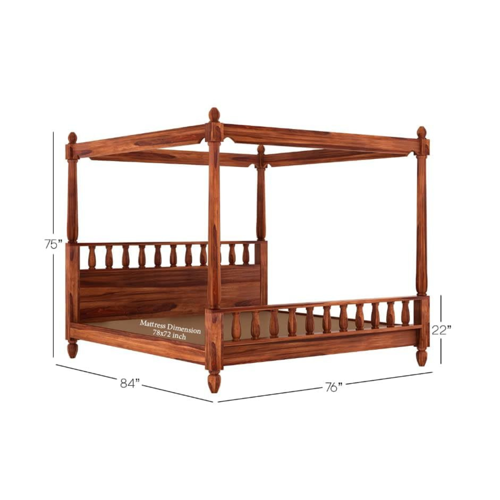 Bossy Royal Handmade Teak Wood Poster Bed with Matching 2 Bedside Table ( Honey Finish ) - Image 3