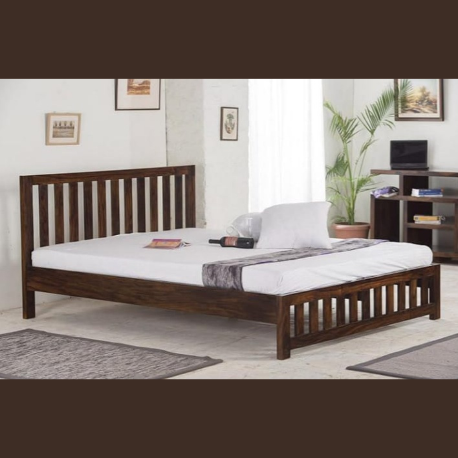 Natural Art & Crafts Cube Design Handmade Teak Wood King Size Plain Bed Luxurious Elegant Bedroom Decor