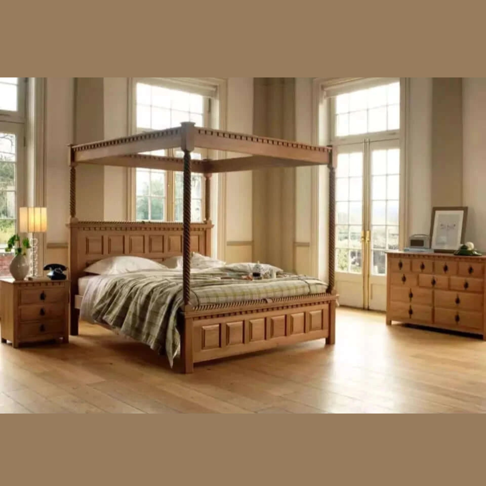 Classic Royal Hand Carved Teak Wood Poster Bed with 2 Bedside Table and 1 Cabinet