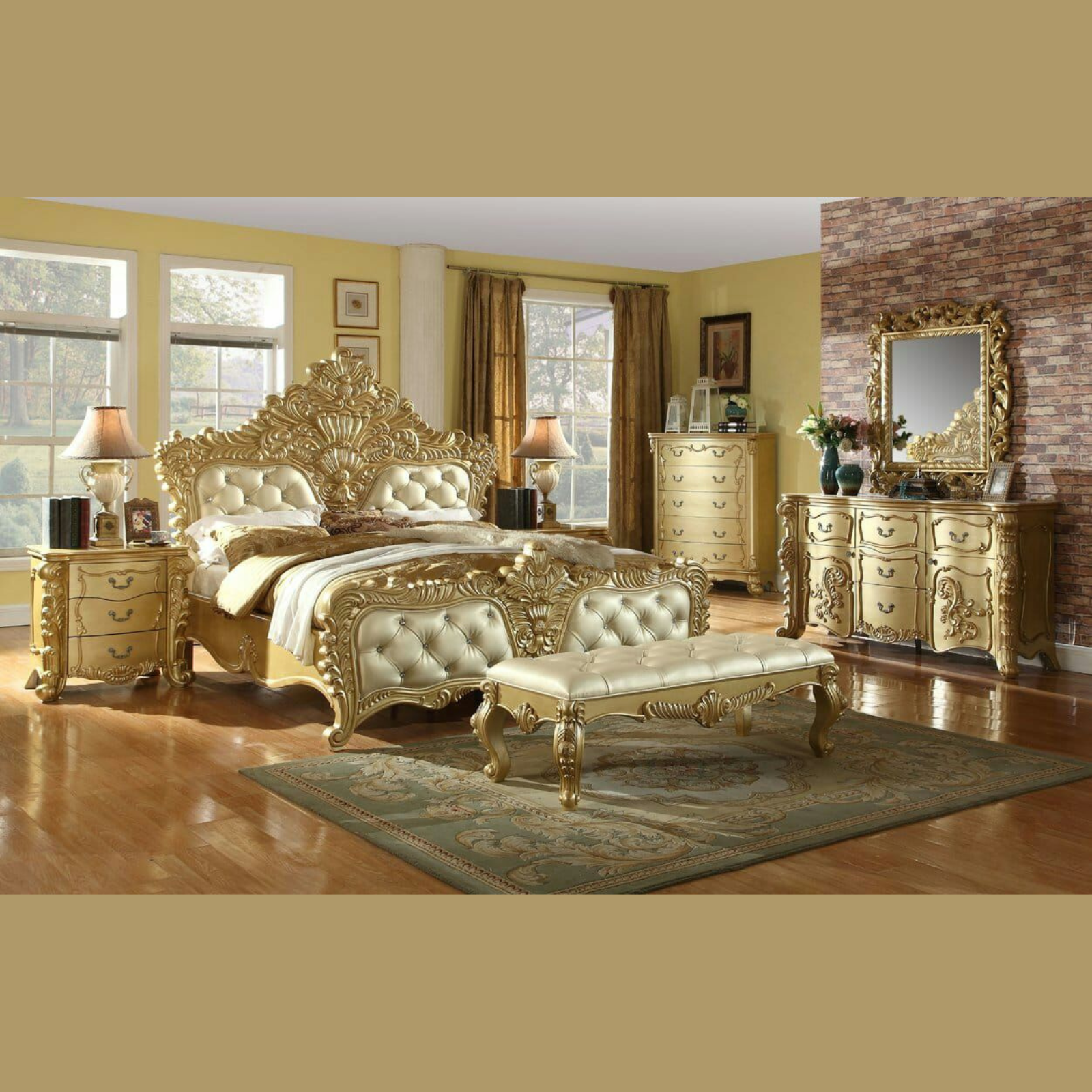 Imperial Teak Wood King Size Bed with 2 Side Tables, 1 Dressing Table, and Mirror Elegant Luxury Bedroom Furniture Set ( Golden Finish )