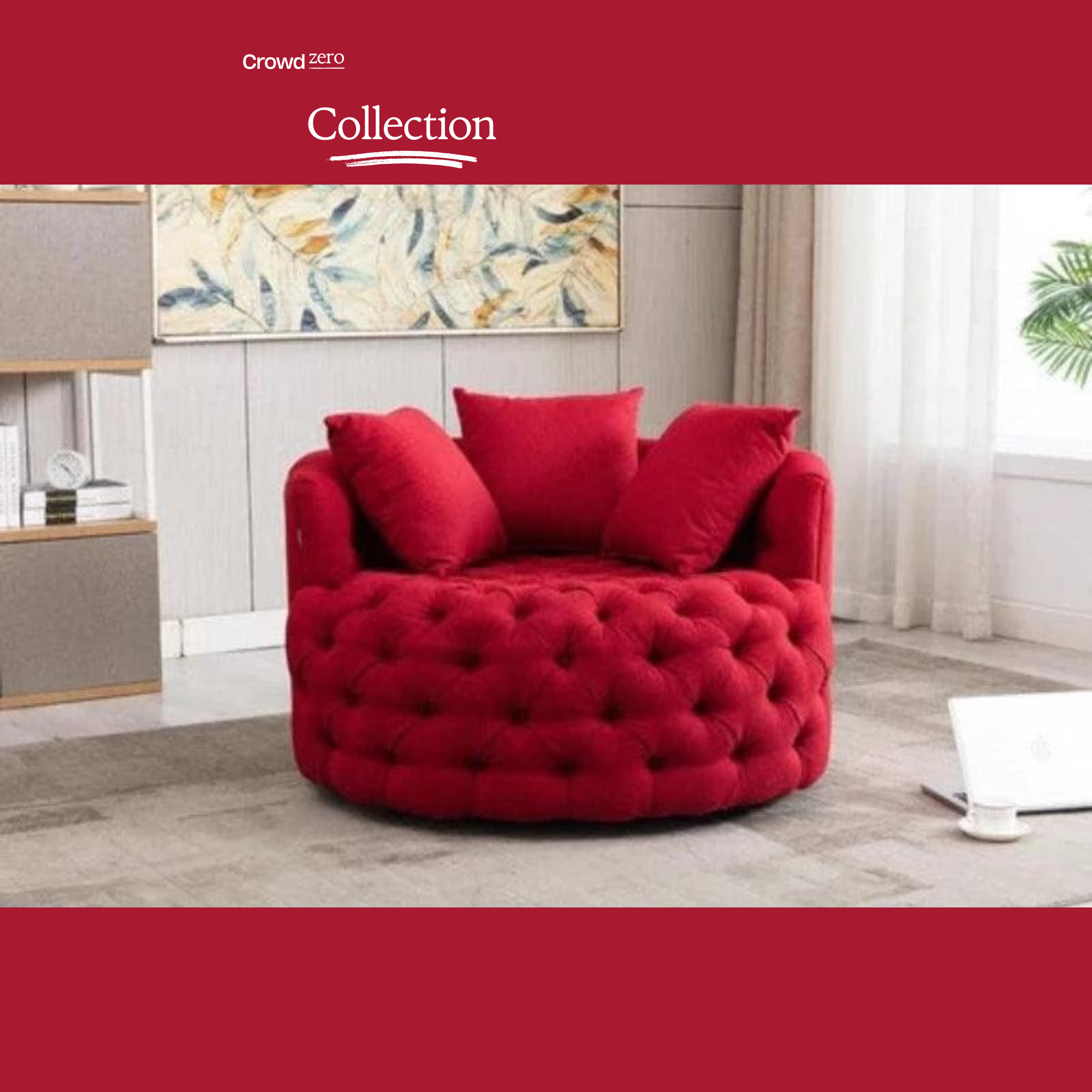 Barrel Button Tufted Design Modern Round Sofa For Living Room with 3 Pillows ( Red )