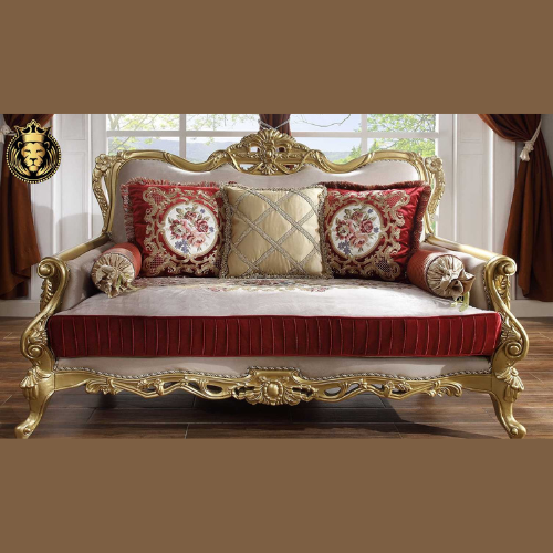 Hand Carved European Style Teak Wood Royal Sofa Set 3+2+1 with Coffee Table & 2 Side Tables Luxury Golden Finish Living Room - Image 3