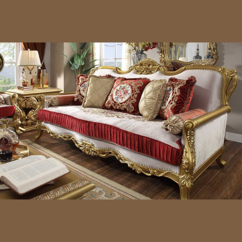 Hand Carved European Style Teak Wood Royal Sofa Set 3+2+1 with Coffee Table & 2 Side Tables Luxury Golden Finish Living Room - Image 2