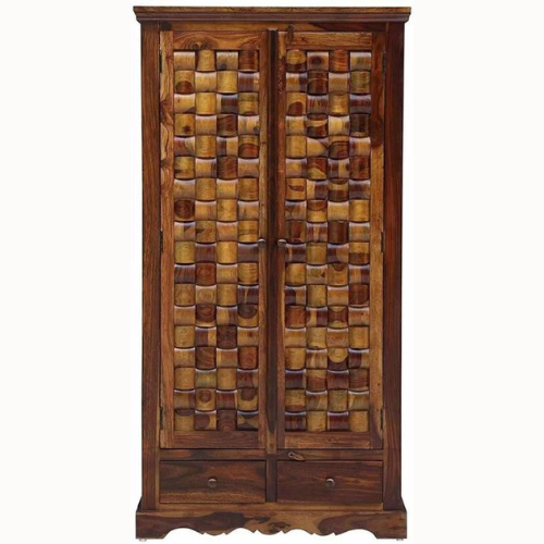Soottr Teak Wood 2 Door With Drawers Wardrobe for Elegant Bedroom Storage Solution