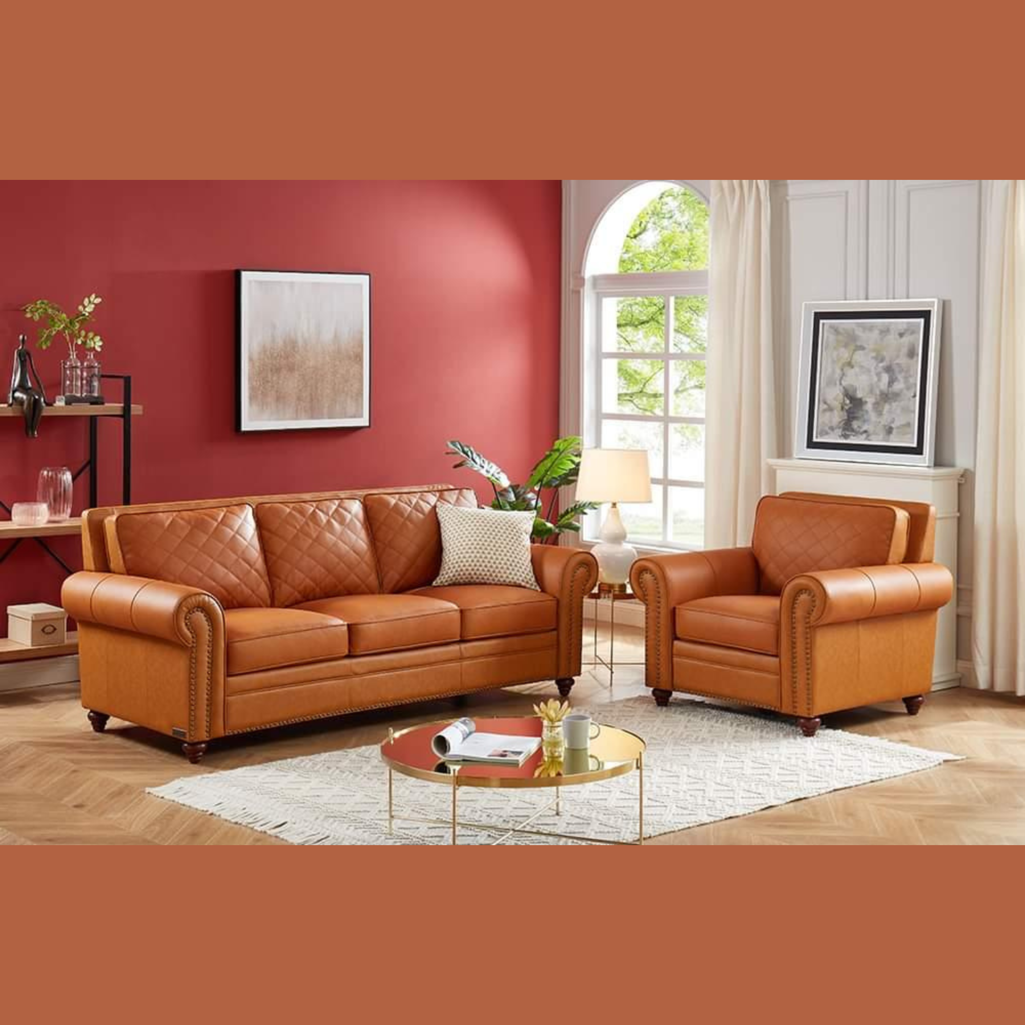 Wooden Handmade Stylish Look Grace Modern Leatherette Sofa 3+1 (Brown)