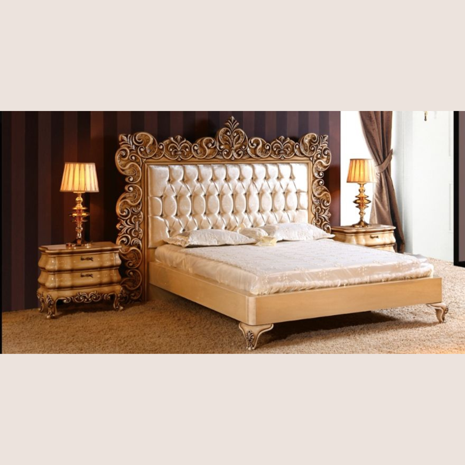 Grand Wooden Hand Carved Teak Wood Button Tufted King Size Bed with 2 Bedside Tables