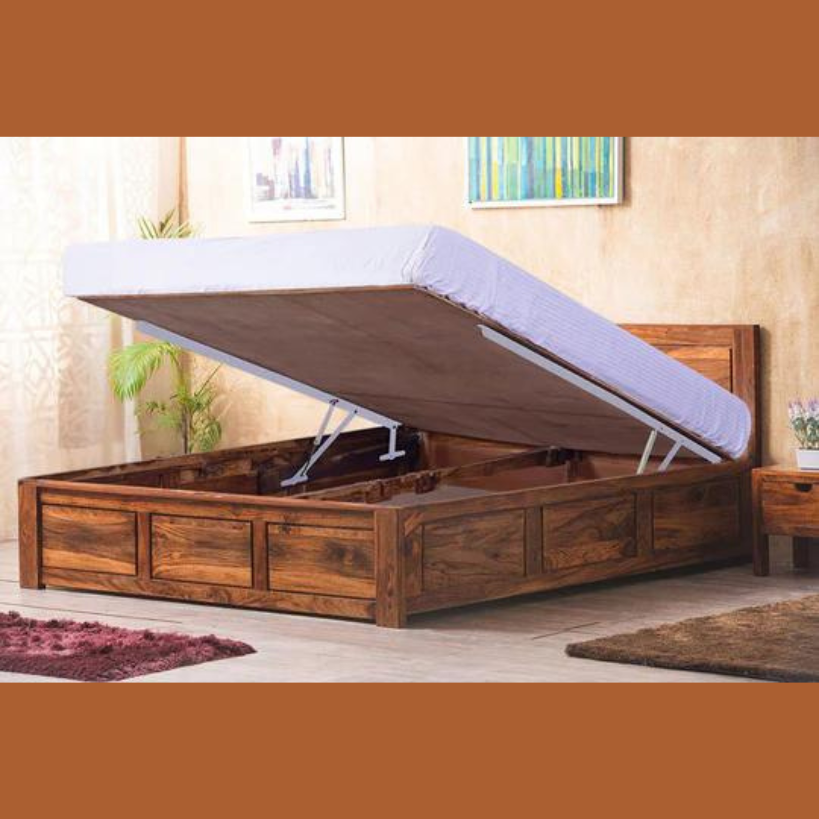 Essential Teak Wood Hydraulic Storage King Size Bed Modern Space Saving Design with Elegant Finish - Image 2