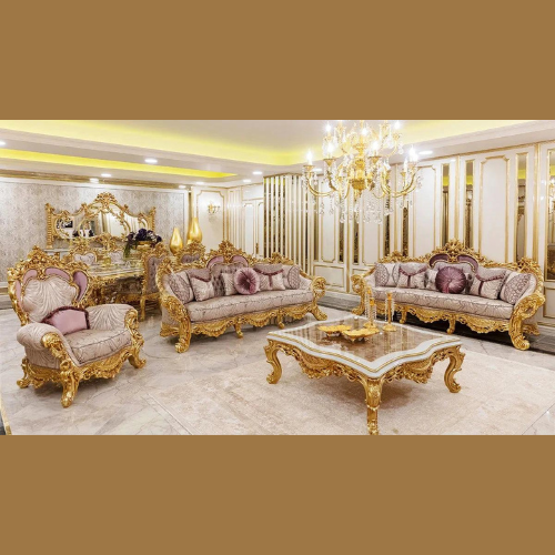 Royal Classic European Style Hand Carved Teak Wood Sofa Set (3+3+1) with Center Table Luxury Wooden Living Room, Vintage Design