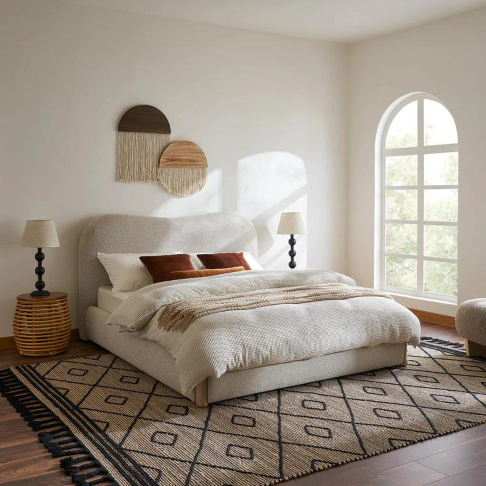 Rochelle Teak Wood Upholstered King-Size Boucle Bed