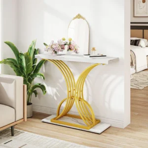 Luxurious Rectangle Console Table with White Wooden Top Modern Design (White & Golden)