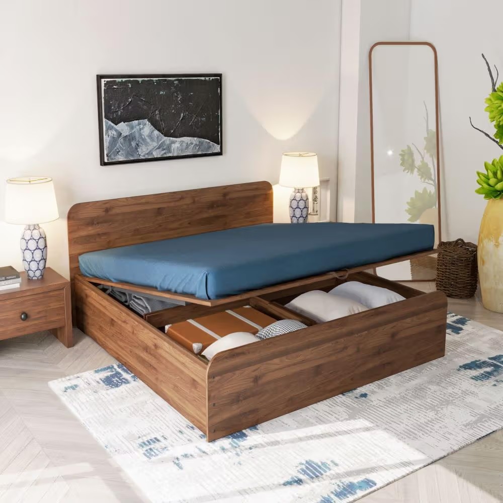 Natural Art & Crafts Grove Handmade Premium Teak Wood Hydraulic Storage King Size Bed Modern Space Saving Design with Elegant Finish