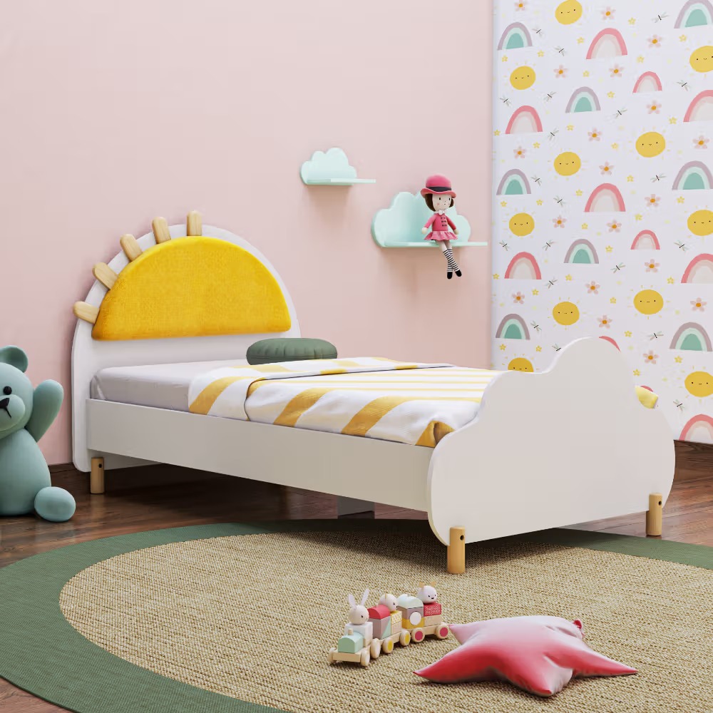 Sunbeam Plush Look Teak Wood Without Storage Kids Bed for Girls and Boys