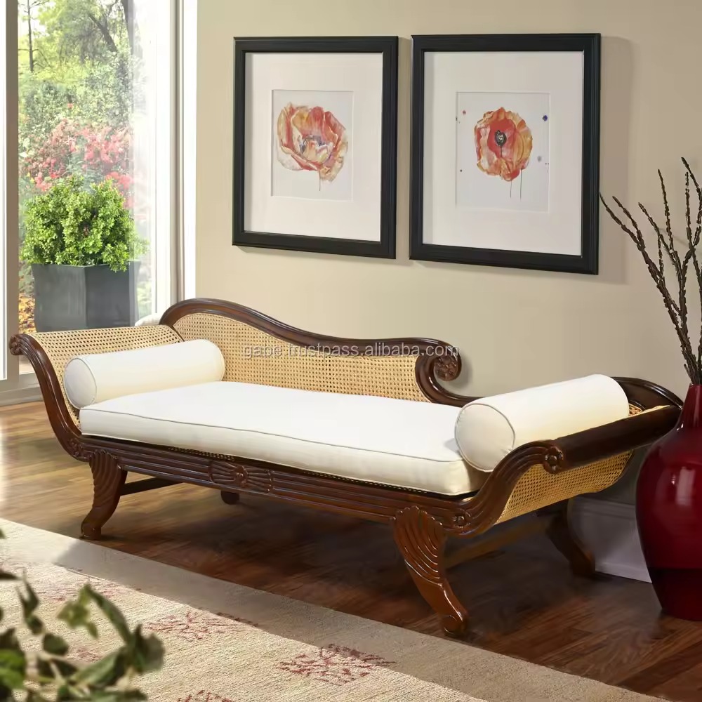 Natural Art & Crafts Squab Handmade Rattan Cane Teak Wood 3 Seater Diwan Sofa Bed Rectangular Multi-Purpose Sofa for Living Room & Bedroom