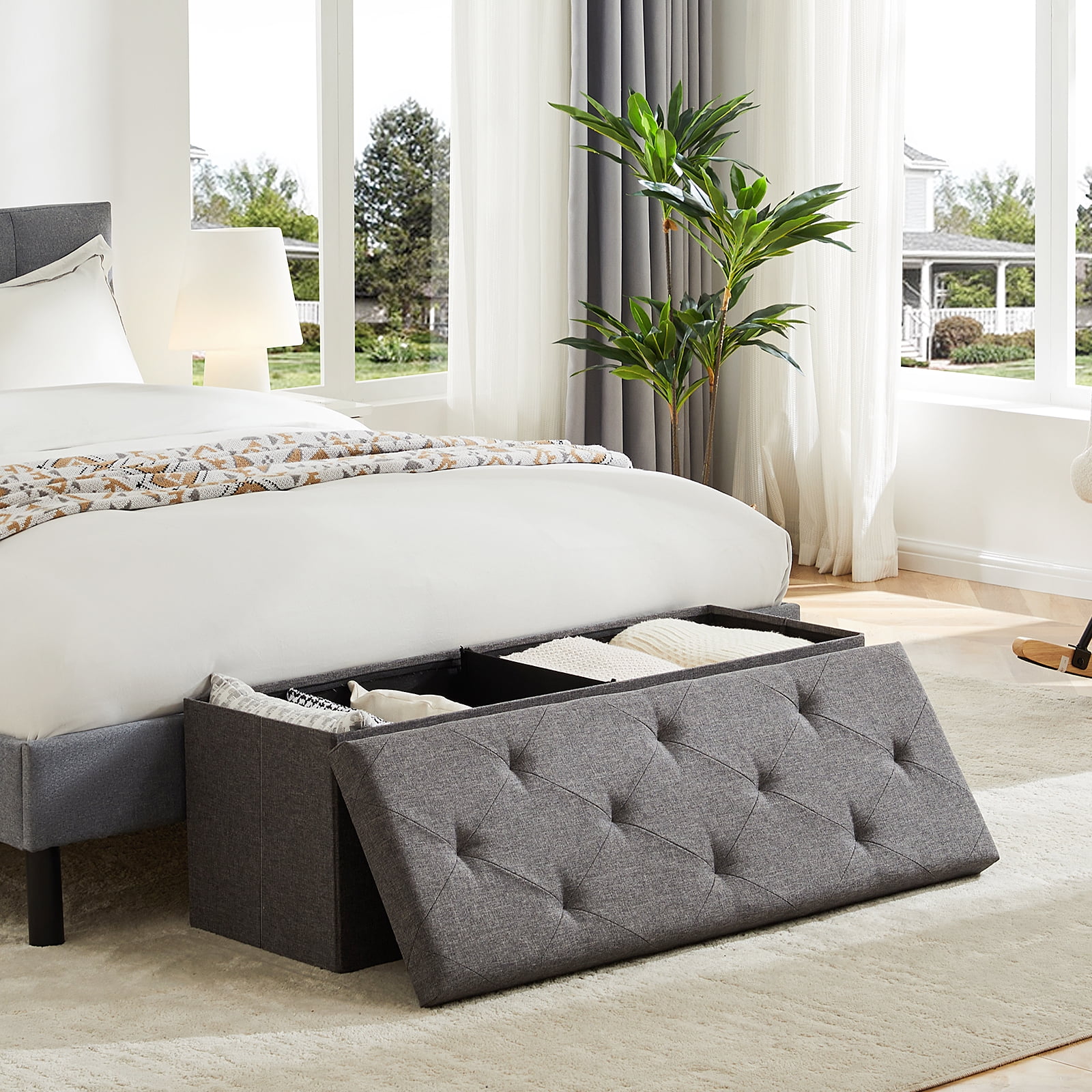 Natural Art & Multi-functional Rectangular Upholstery Teak Wood Bench with Storage - Image 2