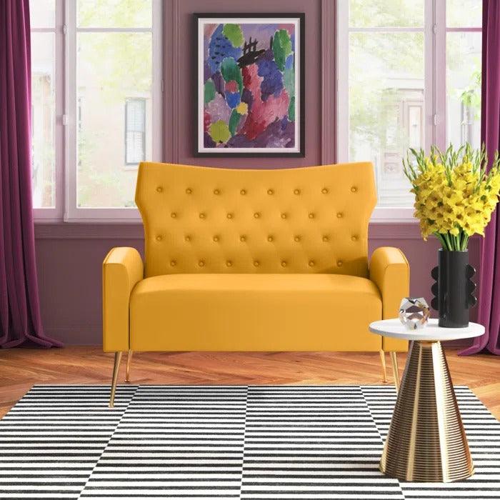 Wooden Square Arm Loveseat Wing Back Chair Set 2+1+1 with Metal Legs ( Yellow ) - Image 2