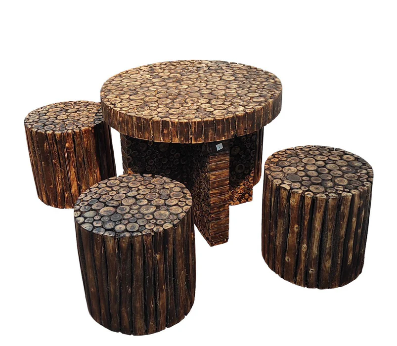 Alba Antique Poplar Wood Round Coffee Table Set with 4 Stools Rustic Handcrafted Vintage Style Living for Room - Image 3