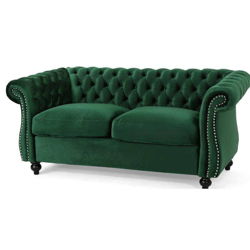 Graceful 2-Seater Velvet Fabric Button Tufted Rolled Arm Chesterfield Sofa ( Green ) - Image 4