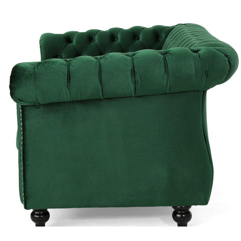 Graceful 2-Seater Velvet Fabric Button Tufted Rolled Arm Chesterfield Sofa ( Green ) - Image 5