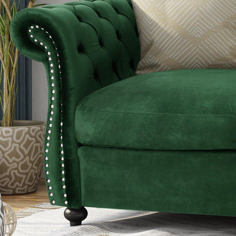 Graceful 2-Seater Velvet Fabric Button Tufted Rolled Arm Chesterfield Sofa ( Green ) - Image 6