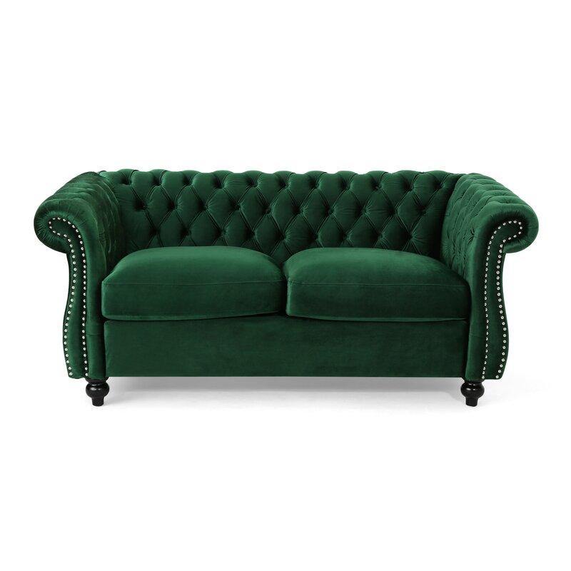 Graceful 2-Seater Velvet Fabric Button Tufted Rolled Arm Chesterfield Sofa ( Green ) - Image 3