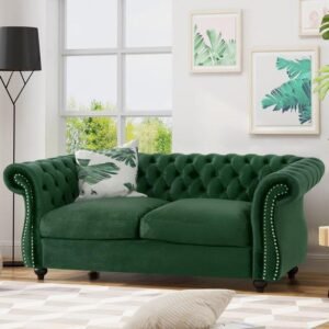 Graceful 2-Seater Velvet Fabric Button Tufted Rolled Arm Chesterfield Sofa ( Green )