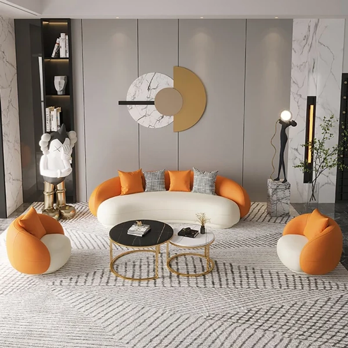 Natural Art & Craft Cara Modern Designer Twin Colour Handmade Upholstery Teak Wood 4+1+1 with 2 Round Coffee Table