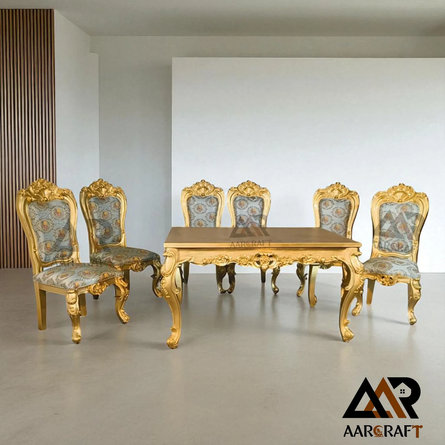 6 Seater Golden Deco Finish Carving Dining Table