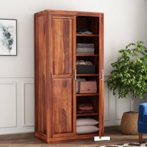 Wooden 2 Door Wardrobe with 6 Shelves (Natural, Honey Finish)