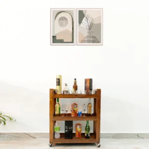 Barco Handmade Teak Wood 3-Tier Bar Serving Trolley with Wheels for Home Bar & Dining Room (Walnut Finish )