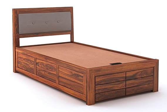 Teak Wood Box Storage Single Bed Palang With Natural Finish - Image 3