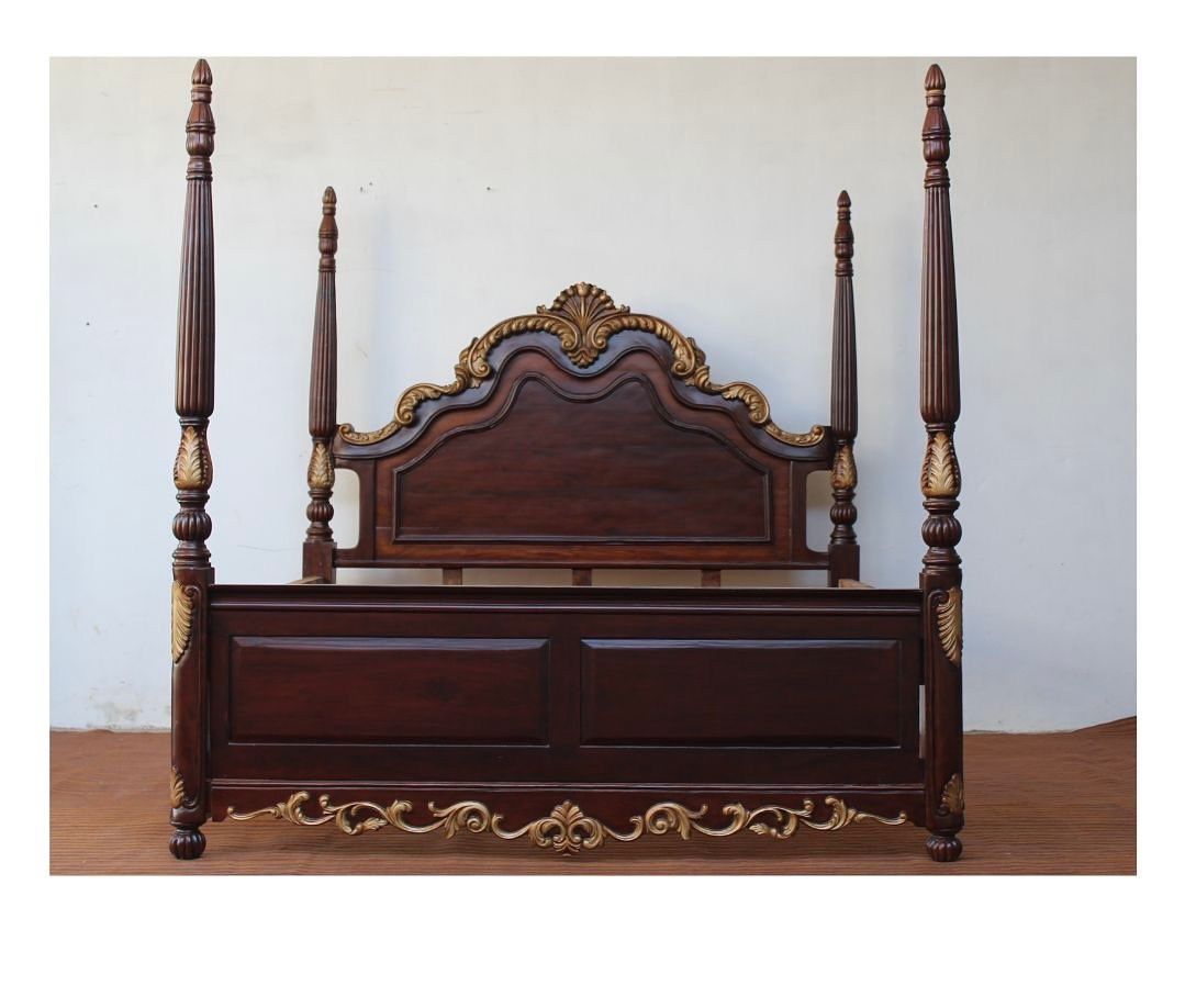 Four Piler Poster Bed with Gloden and Dark Walnut Finish and ornate piece of furniture that embodies the elegance and grandeur of the Victorian era.