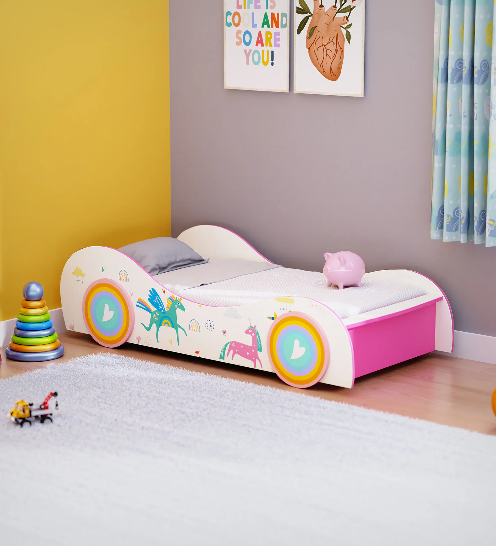 Prism Plush Look Teak Wood Without Storage Kids Bed for Girls and Boys (Multicolor)