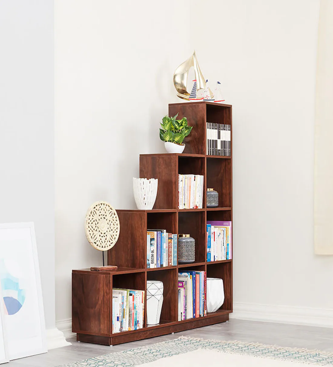 Engineered Wood Handmade Bookshelf Rack for Library Home or Office (Dark Walnut Finish)