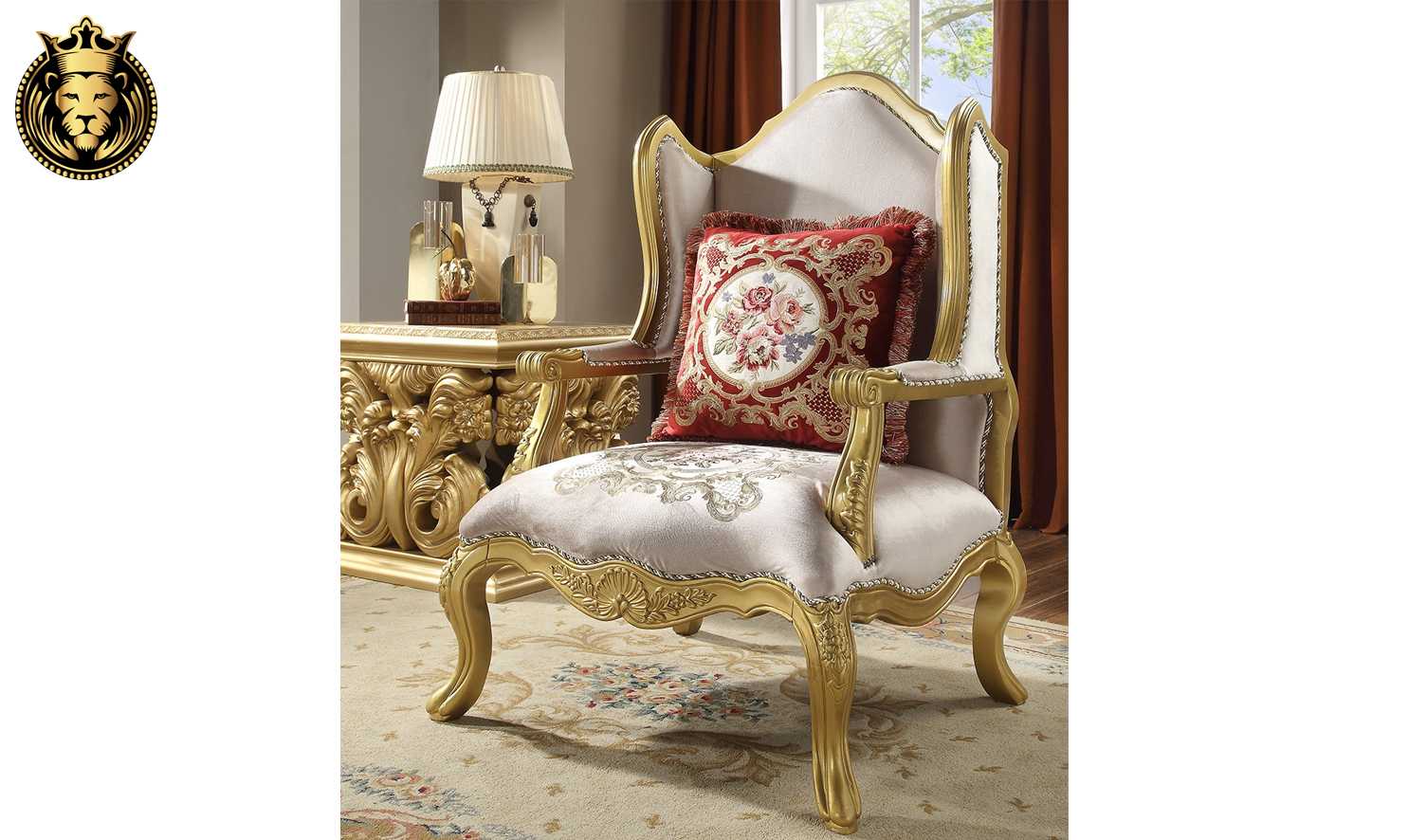 Hand Carved European Style Teak Wood Royal Sofa Set 3+2+1 with Coffee Table & 2 Side Tables Luxury Golden Finish Living Room - Image 4