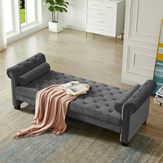 Flannel Entryway Button Tufted Teak Wood 3-Seater Bench with Rolled Arm Velvet Fabric