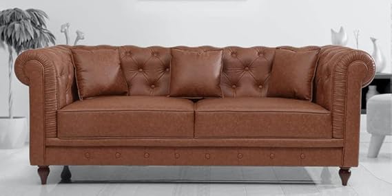 Solid (Teak Wood) Leatherette Upholstered Button Tufted Chesterfield Sofa Set for Living Room, Tan Color.. - Image 5