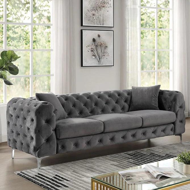 Sapphira Modern Elegant Button Tufted Design Solid Wood 3 Seater Sofa with Comfortable Cushions Metal Legs ( Dark Grey )