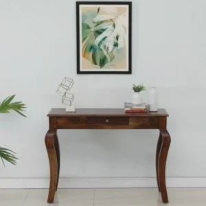 Vintage Teak Wood Console Table With Curved Legs