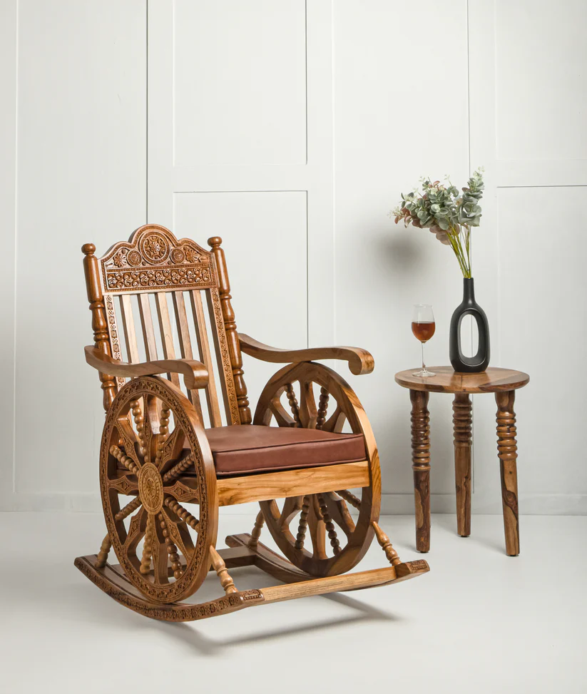 Natural Art & Crafts Rama Hand Carved Teak Wood Rocking Chair, Retro Wheel Design, Honey Finish Sturdy, Vintage, and Perfect for Living Room, Porch, or Patio - Image 2