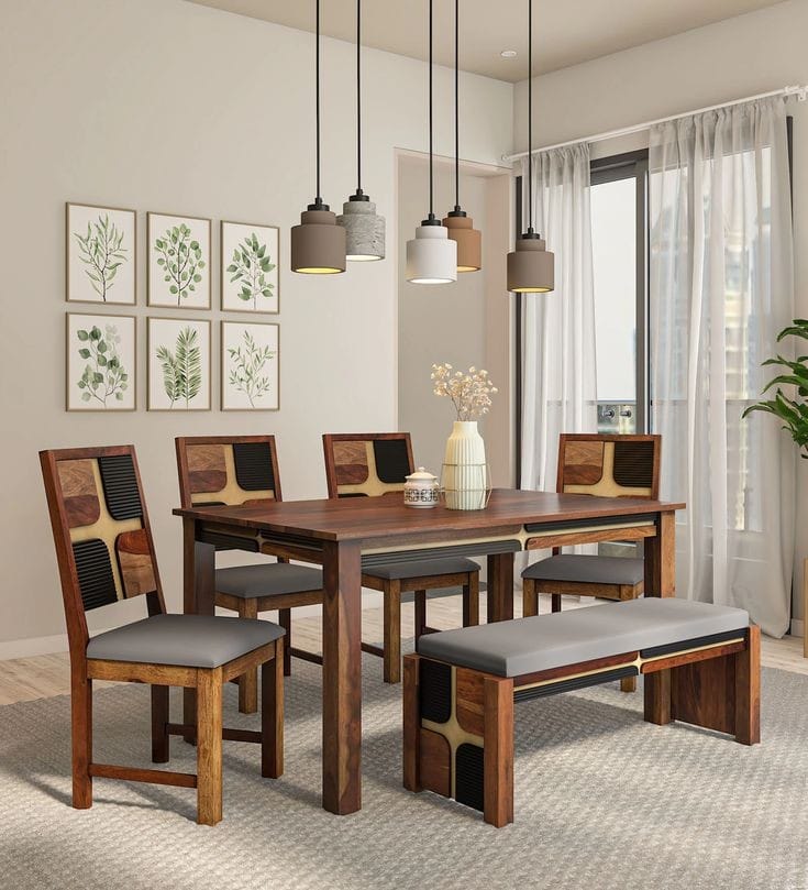 4 Seater Dining Table with 4 Cushion Chairs 1 Bench