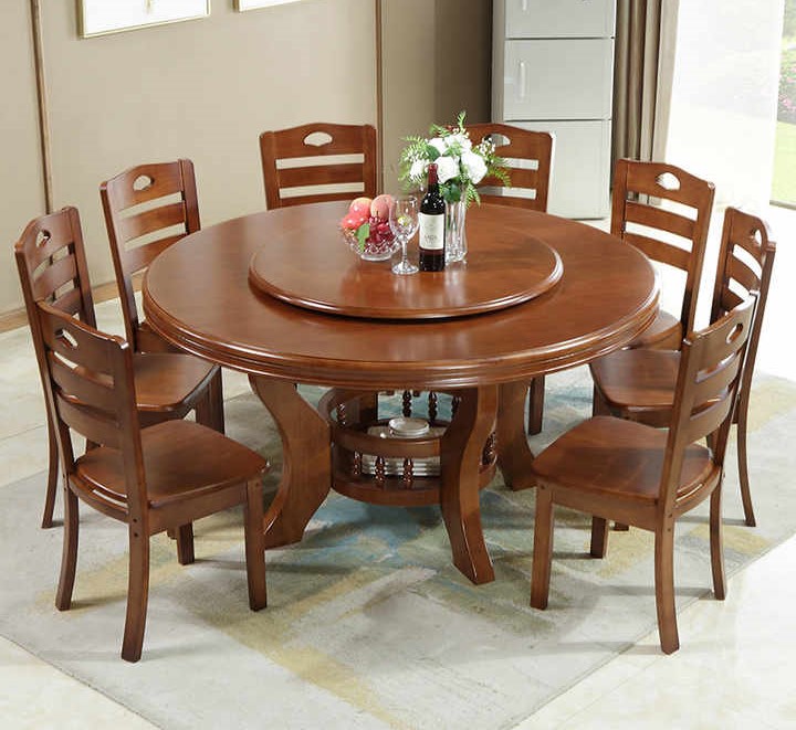 8 Seat Rotating Round Top Dining Table And Chairs Walnut Finish - Image 6