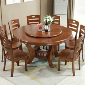 8 Seat Rotating Round Top Dining Table And Chairs Walnut Finish