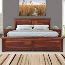 Realized Plain Design Handmade Teak Wood King Size Bed Luxurious Honey Finish Elegant Bedroom Decor with 2 Bedside Tables