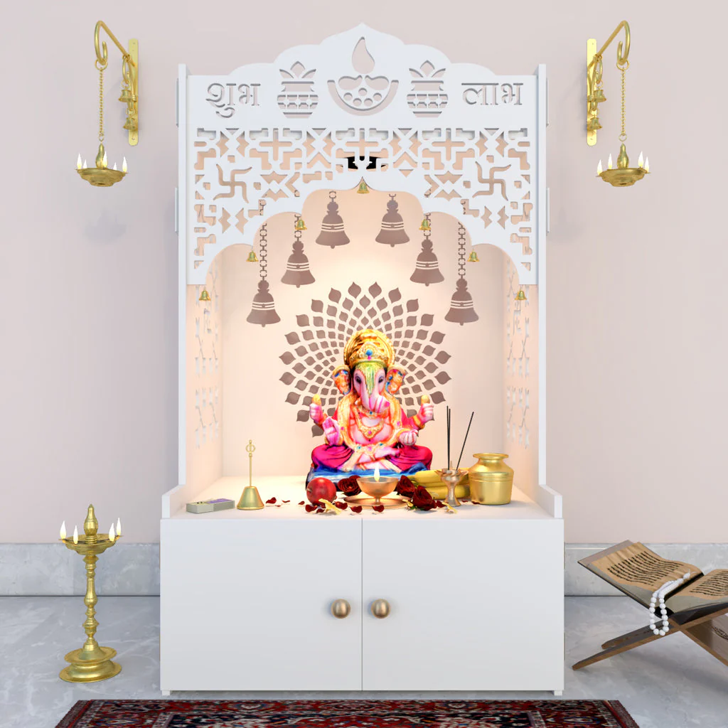 Divine Traditional Handmade Teak Wood Pooja Temple with Spacious Shelf & Inbuilt Focus Light for Daily Prayers (White)
