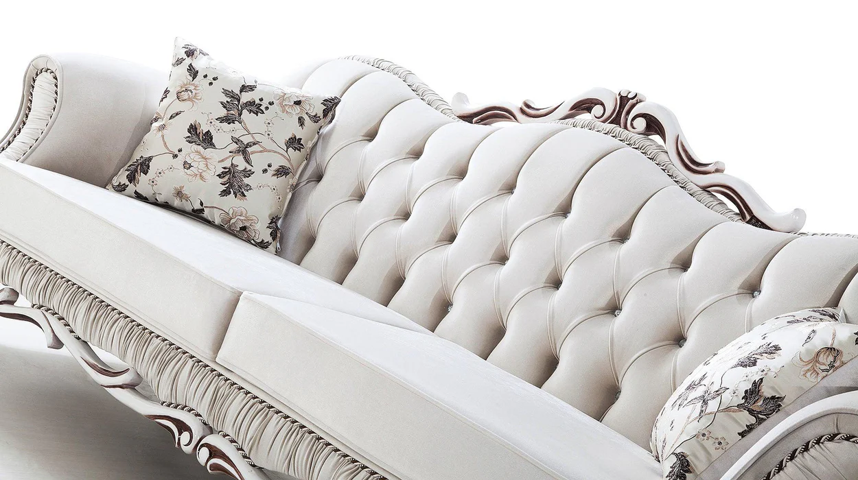 Hand Craved Estilo Tufted Teak Wood 3 Seater Sofa Set ( Silver ) - Image 4